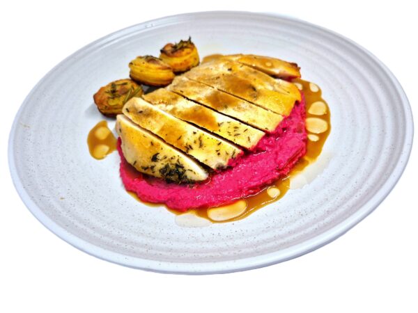 Herb-Infused Chicken à la Sous Vide with Pommes Stack, Beetroot Bean Purée & Dill Infusion